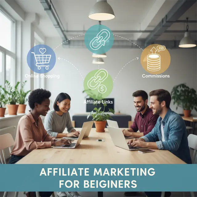 Diverse group of complete beginners learning affiliate marketing online, using laptops with digital icons representing affiliate links, online shopping, and commissions.