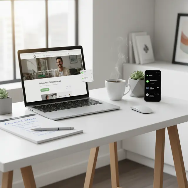 Modern blogger’s workspace showing a laptop with a fresh WordPress affiliate website, a notepad for keyword research, coffee, and a smartphone with affiliate sale notifications—highlighting essential affiliate marketing tools.