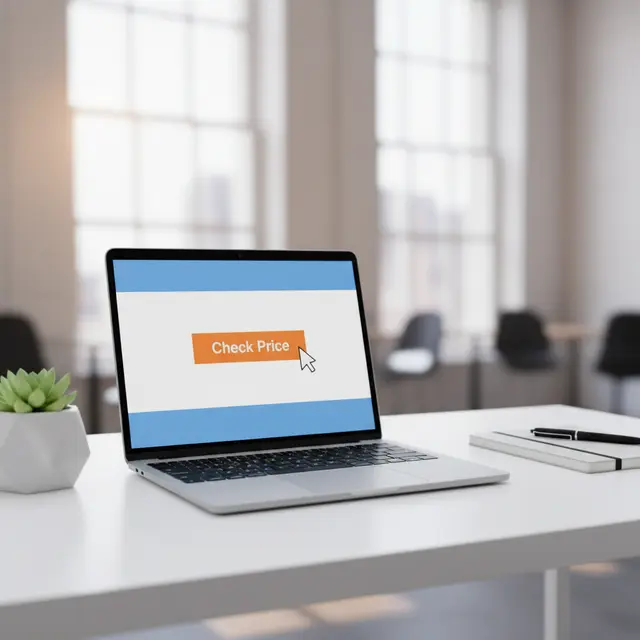 A professional workspace with a laptop showing a bright orange 'Check Price' call-to-action button, representing high-converting affiliate marketing.