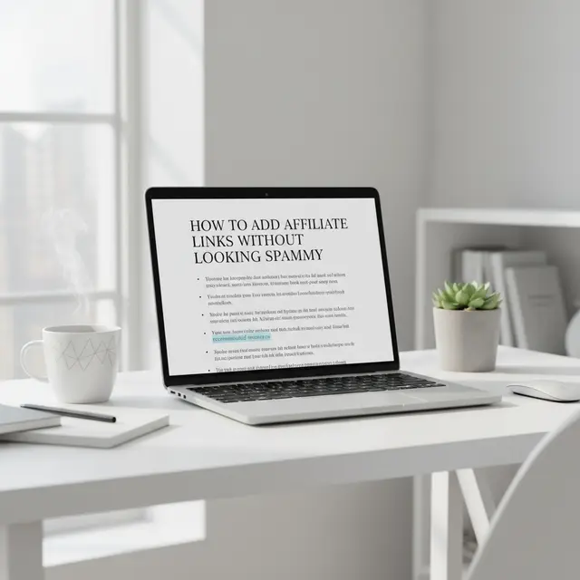 A clean, professional digital workspace featuring a laptop screen with a blog post and a subtly highlighted, non-spammy affiliate link.