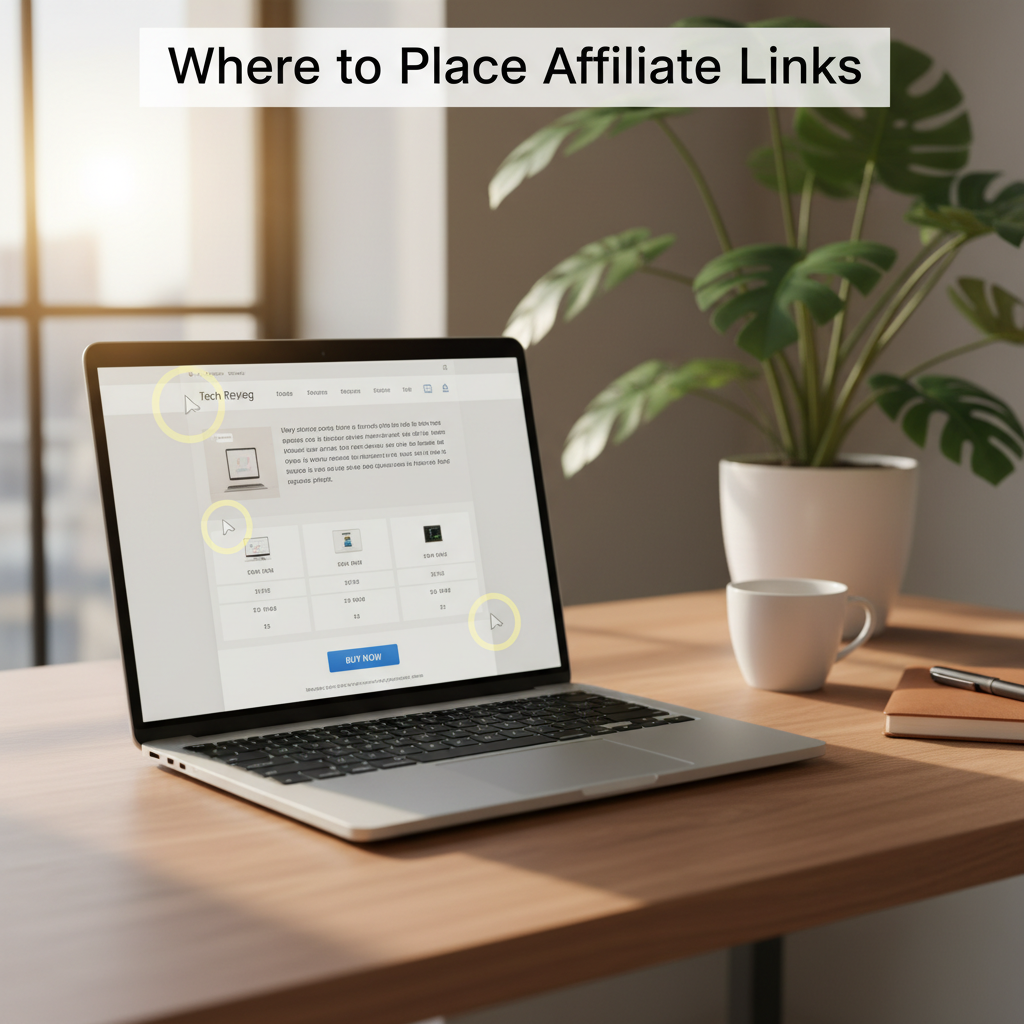 A professional workspace with a laptop screen showing a blog post layout, highlighting strategic locations for affiliate links such as the intro, tables, and buttons.